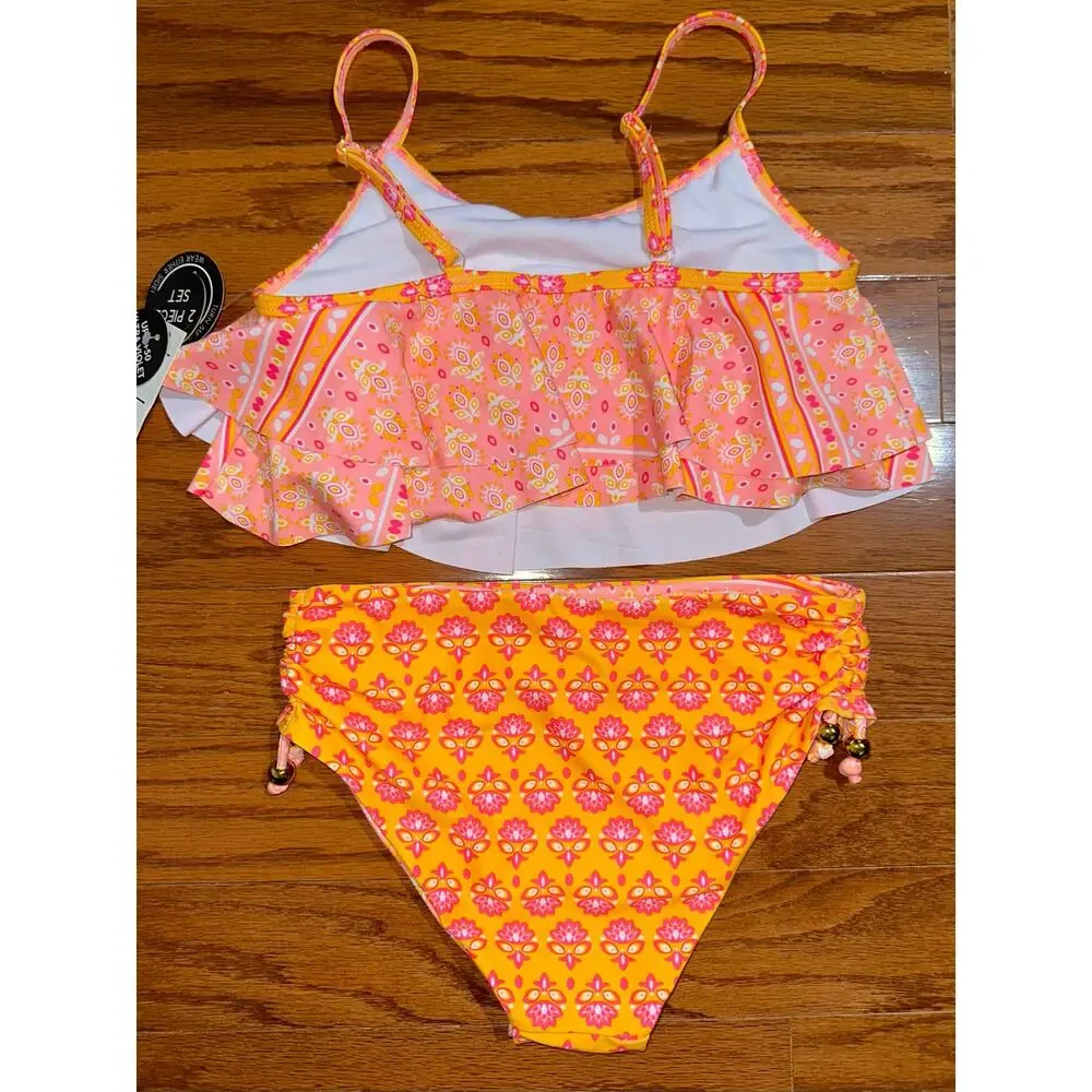 NWT Nicole Miller Girls Pink Orange Paisley 2-Piece Bikini Swim Set Size XL 14
